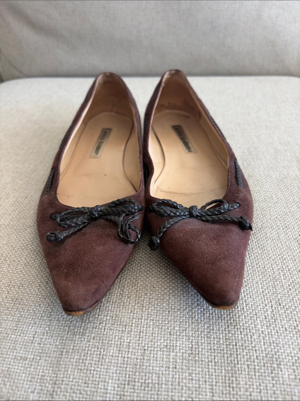 Manolo Blahnik Dark Brown Suede Pointed-Toe Flats with Braided Trim - Picture 2 of 9